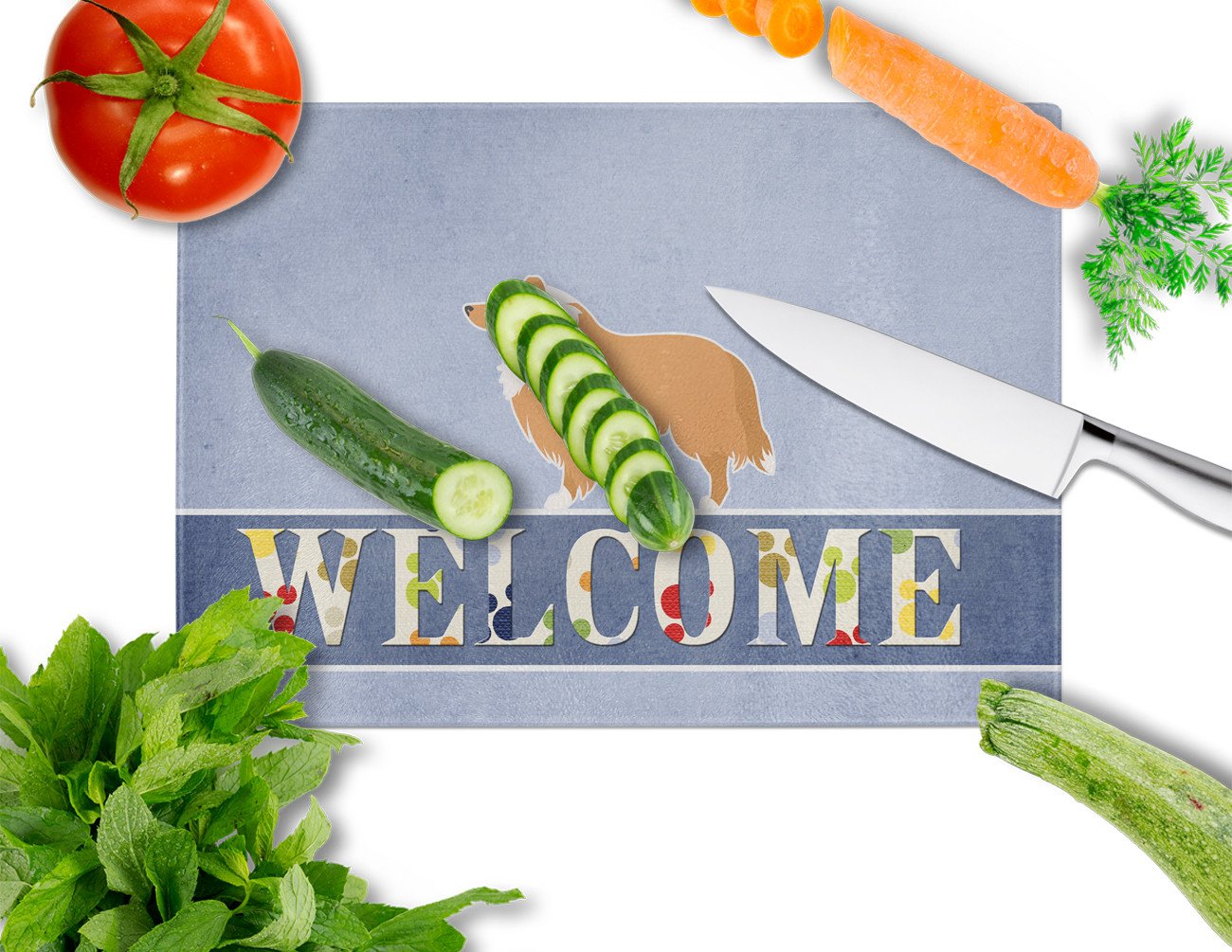 Collie Welcome Cutting Board Tempered Glass Kitchen Cutting Surface, Heat Resistant Chopping, Non-Slip Feet, Food Prep & Serving