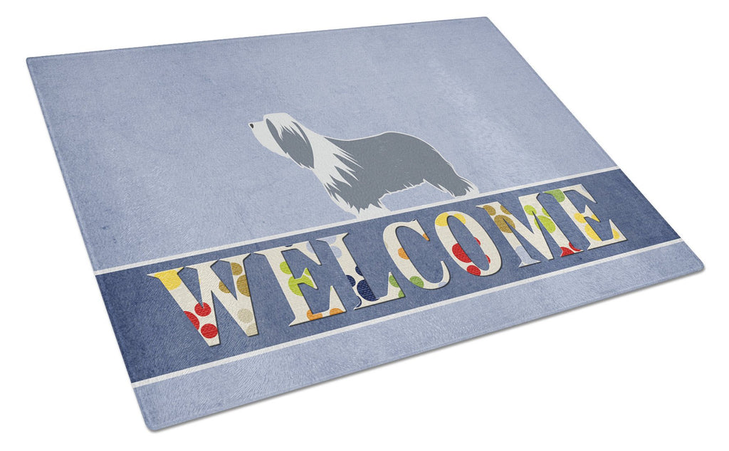 Bearded Collie Welcome Cutting Board Tempered Glass Kitchen Cutting Surface, Heat Resistant Chopping, Non-Slip Feet, Food Prep & Serving