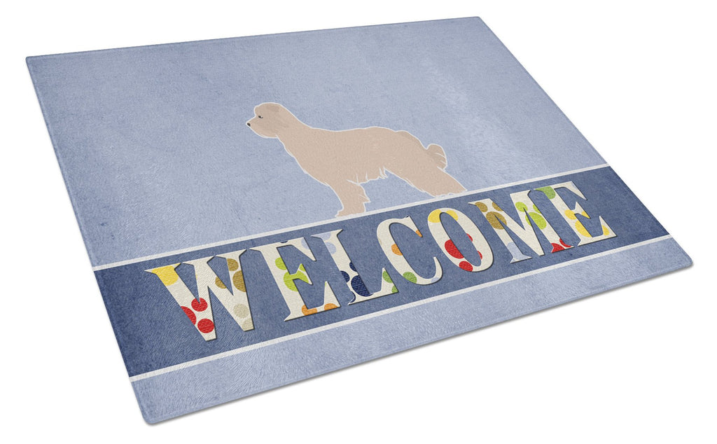 Pyrenean Shepherd Welcome Cutting Board Tempered Glass Kitchen Cutting Surface, Heat Resistant Chopping, Non-Slip Feet, Food Prep & Serving