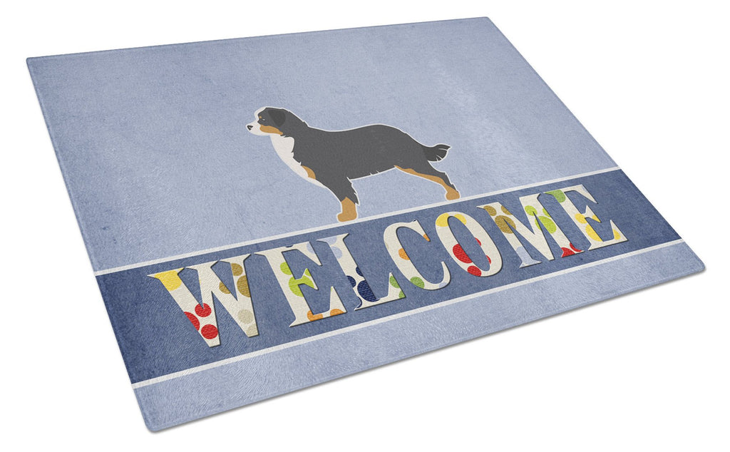 Bernese Mountain Dog Welcome Cutting Board Tempered Glass Kitchen Cutting Surface, Heat Resistant Chopping, Non-Slip Feet, Food Prep & Serving