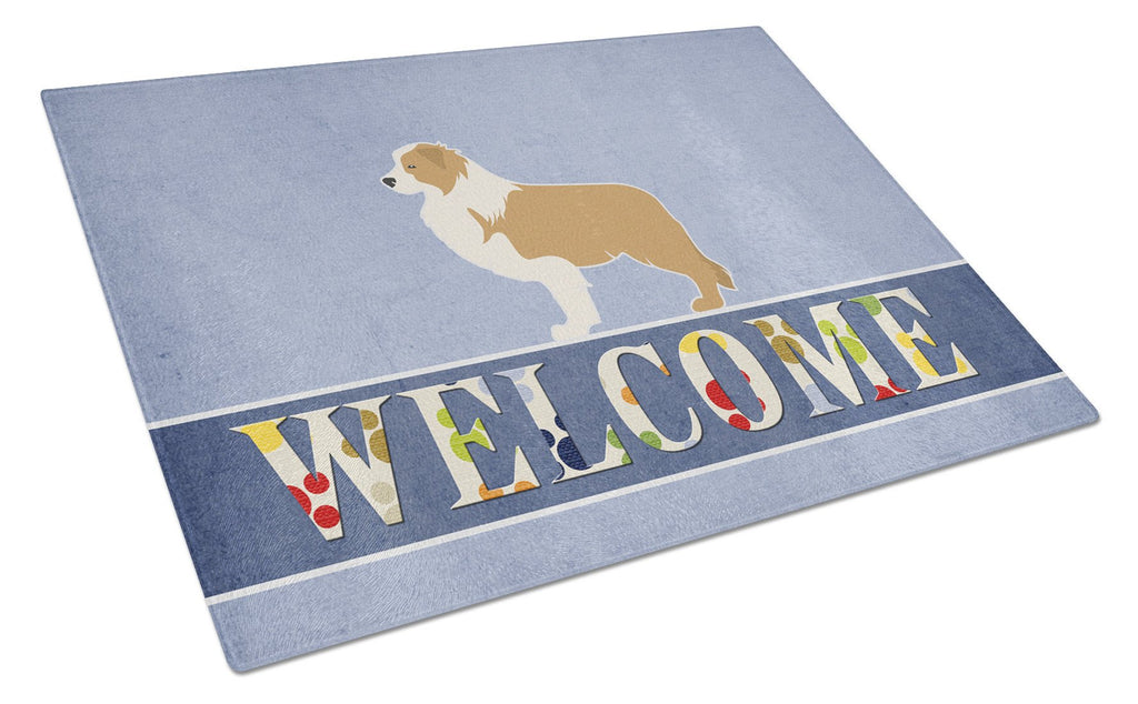 Red Border Collie Welcome Cutting Board Tempered Glass Kitchen Cutting Surface, Heat Resistant Chopping, Non-Slip Feet, Food Prep & Serving