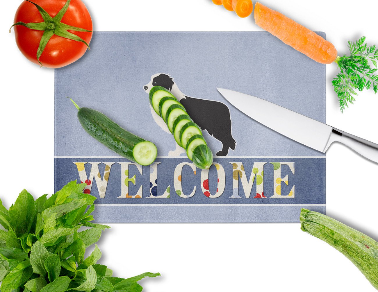 Black Border Collie Welcome Cutting Board Tempered Glass Kitchen Cutting Surface, Heat Resistant Chopping, Non-Slip Feet, Food Prep & Serving