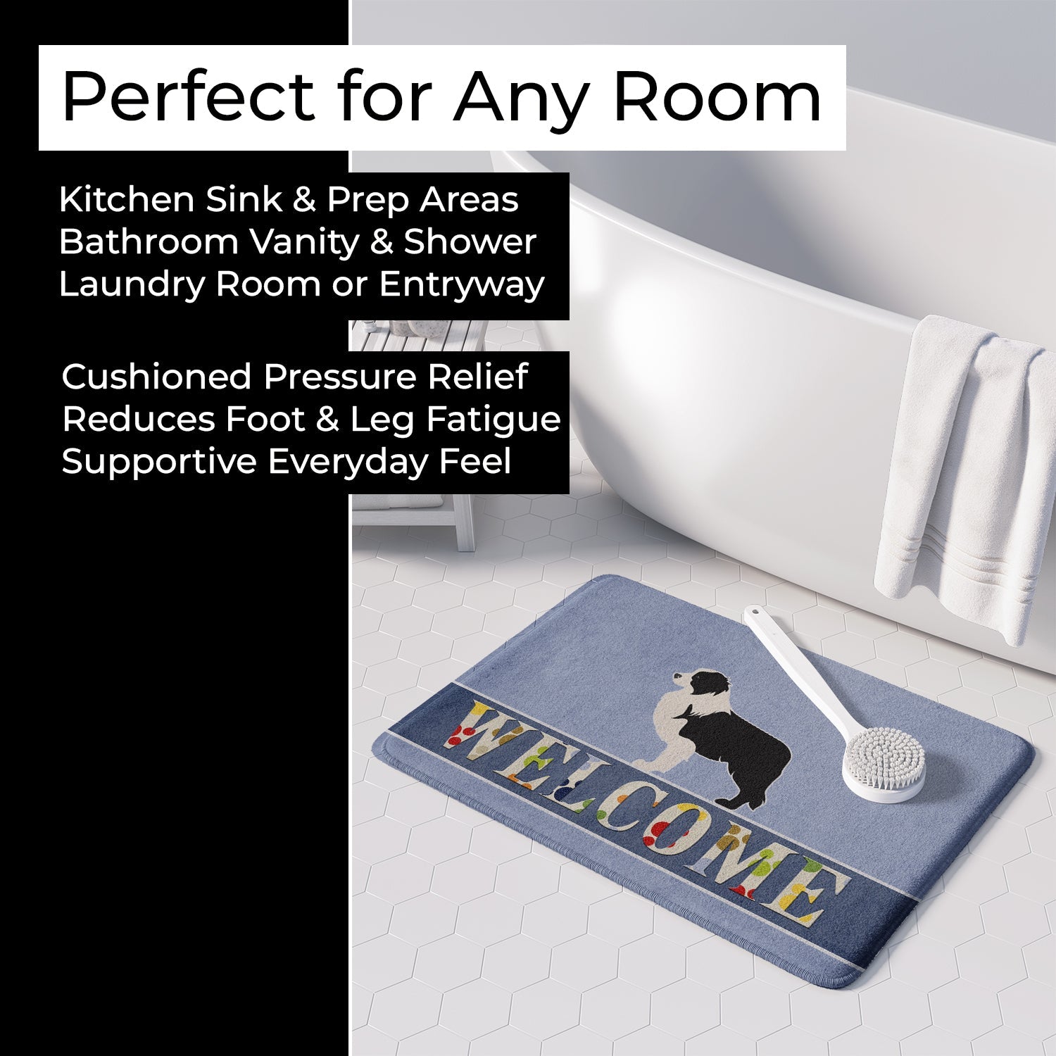 Black Border Collie Welcome Memory Foam Kitchen Mat Machine Washable Anti-Fatigue Cushion Comfort Bath or Kitchen Rug