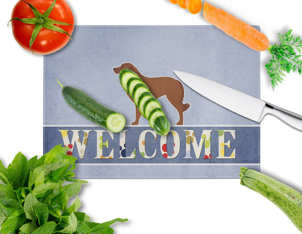 Portuguese Sheepdog Dog Welcome Cutting Board Tempered Glass Kitchen Cutting Surface, Heat Resistant Chopping, Non-Slip Feet, Food Prep & Serving
