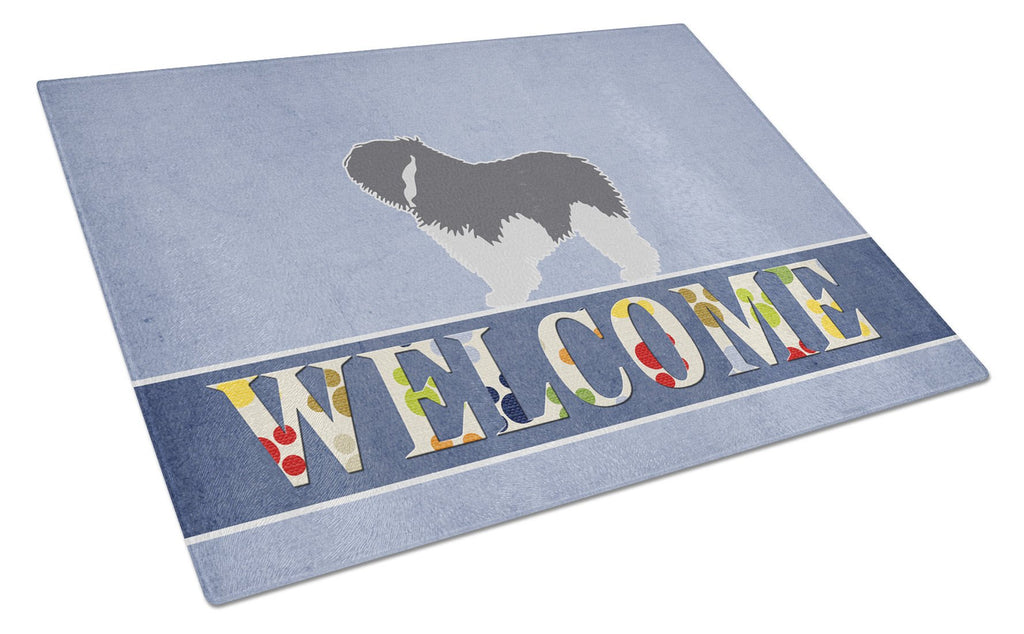Polish Lowland Sheepdog Dog Welcome Cutting Board Tempered Glass Kitchen Cutting Surface, Heat Resistant Chopping, Non-Slip Feet, Food Prep & Serving