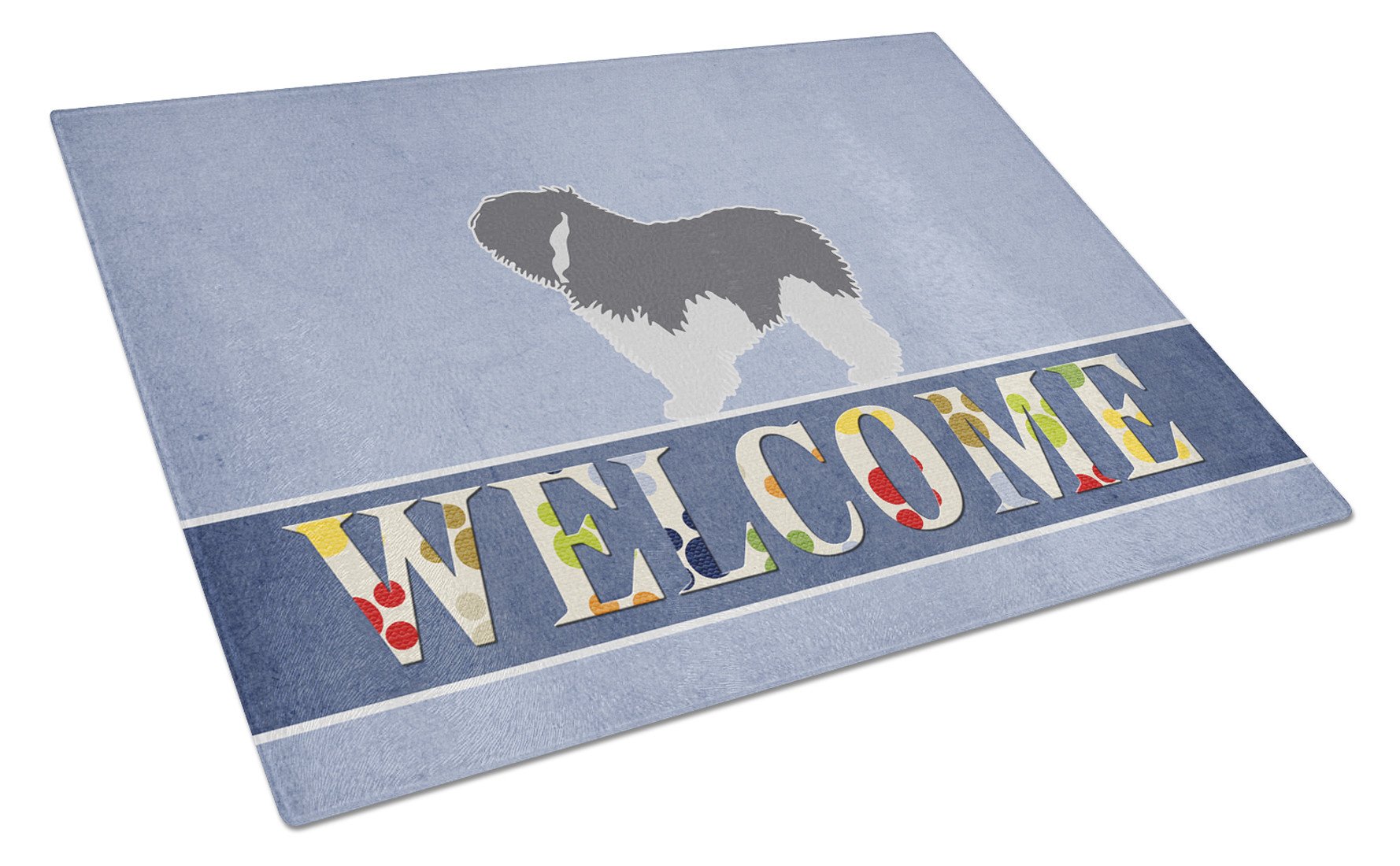 Polish Lowland Sheepdog Dog Welcome Cutting Board Tempered Glass Kitchen Cutting Surface, Heat Resistant Chopping, Non-Slip Feet, Food Prep & Serving