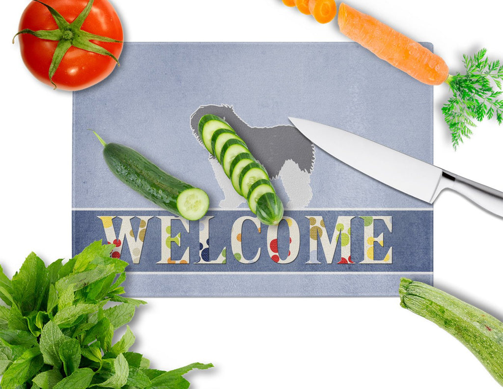 Polish Lowland Sheepdog Dog Welcome Cutting Board Tempered Glass Kitchen Cutting Surface, Heat Resistant Chopping, Non-Slip Feet, Food Prep & Serving