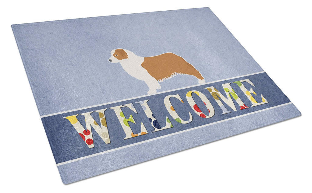 Australian Shepherd Dog Welcome Cutting Board Tempered Glass Kitchen Cutting Surface, Heat Resistant Chopping, Non-Slip Feet, Food Prep & Serving