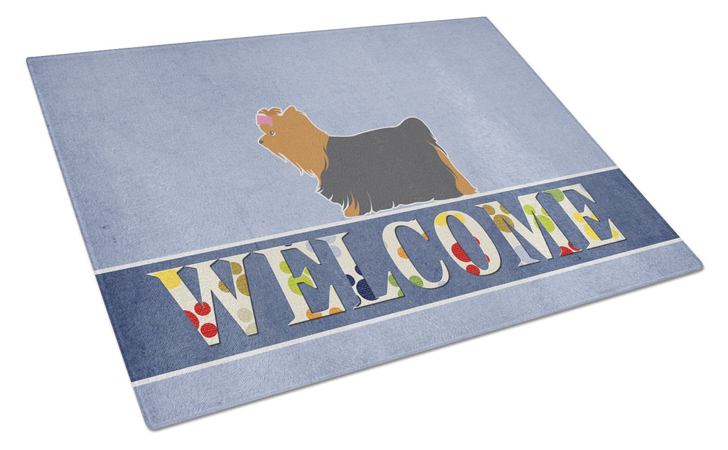 Yorkshire Terrier Yorkie Welcome Cutting Board Tempered Glass Kitchen Cutting Surface, Heat Resistant Chopping, Non-Slip Feet, Food Prep & Serving