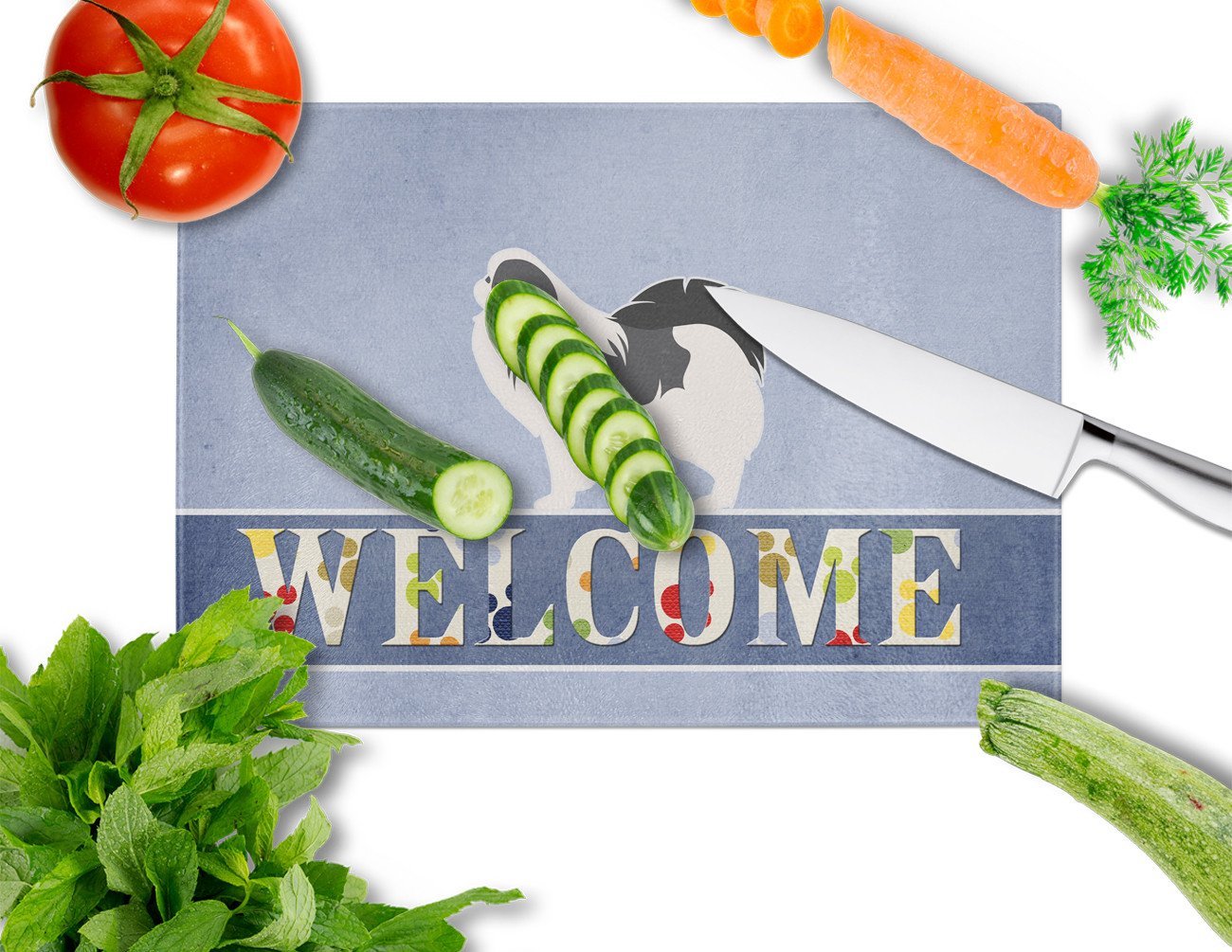 Japanese Chin Welcome Cutting Board Tempered Glass Kitchen Cutting Surface, Heat Resistant Chopping, Non-Slip Feet, Food Prep & Serving
