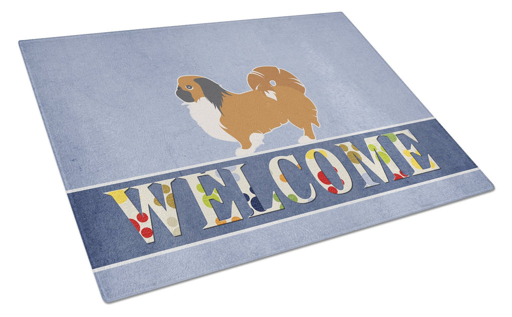 Pekingese Welcome Cutting Board Tempered Glass Kitchen Cutting Surface, Heat Resistant Chopping, Non-Slip Feet, Food Prep & Serving