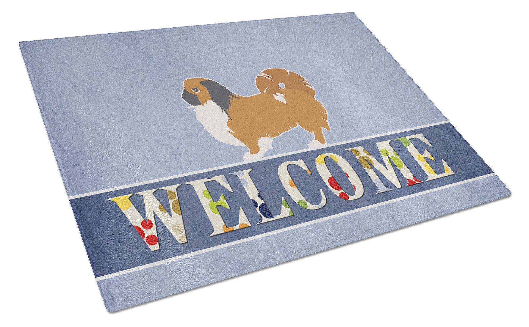 Pekingese Welcome Cutting Board Tempered Glass Kitchen Cutting Surface, Heat Resistant Chopping, Non-Slip Feet, Food Prep & Serving
