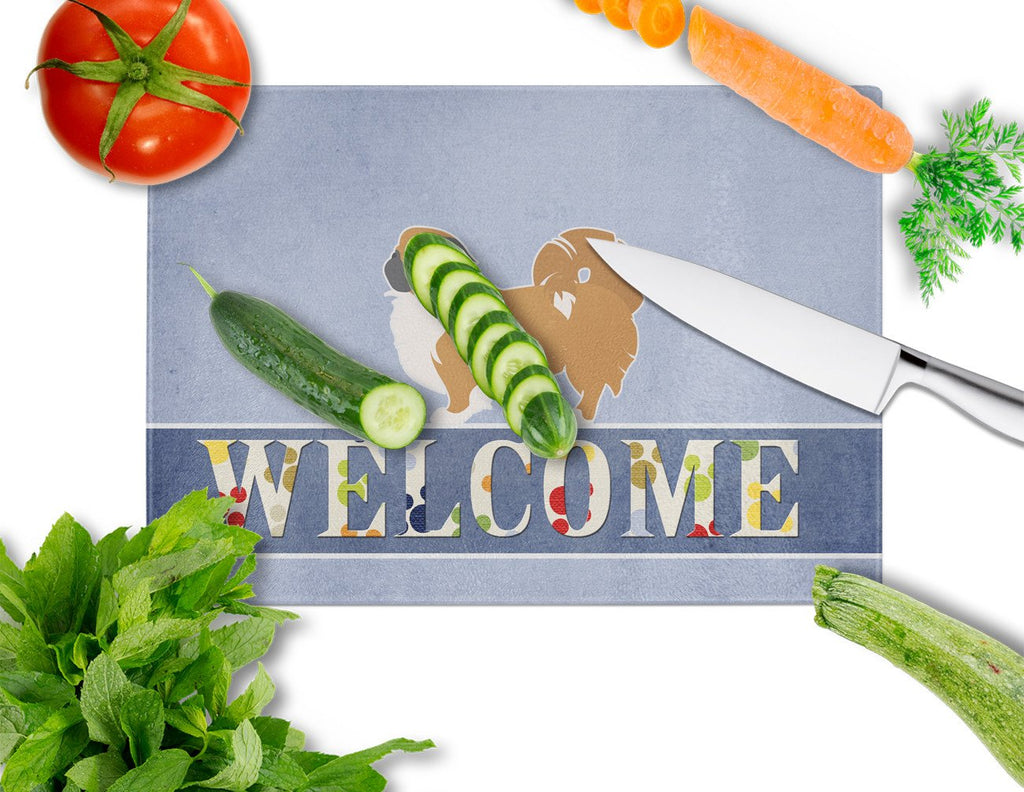 Pekingese Welcome Cutting Board Tempered Glass Kitchen Cutting Surface, Heat Resistant Chopping, Non-Slip Feet, Food Prep & Serving