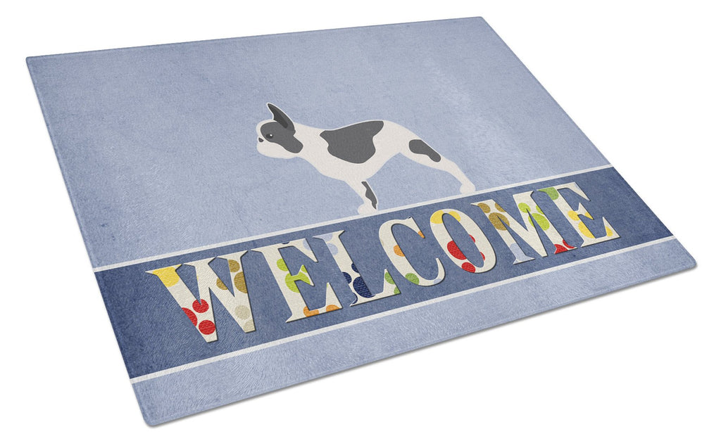 French Bulldog Welcome Cutting Board Tempered Glass Kitchen Cutting Surface, Heat Resistant Chopping, Non-Slip Feet, Food Prep & Serving