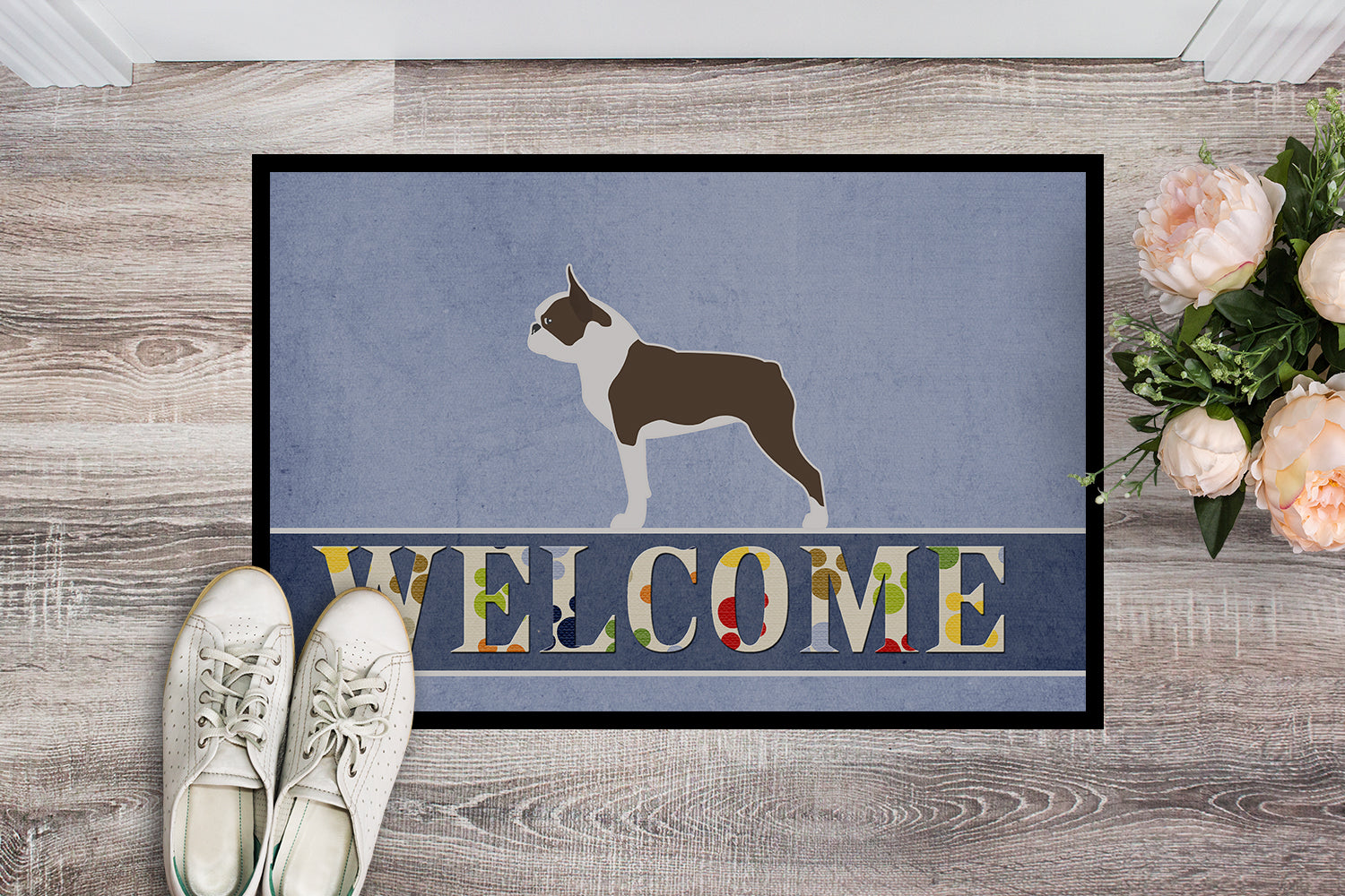 Boston Terrier Welcome Doormat Indoor Outdoor 24H X 36W Front Door Mat Rugs for Entryway, Non Slip Washable Low Pile,