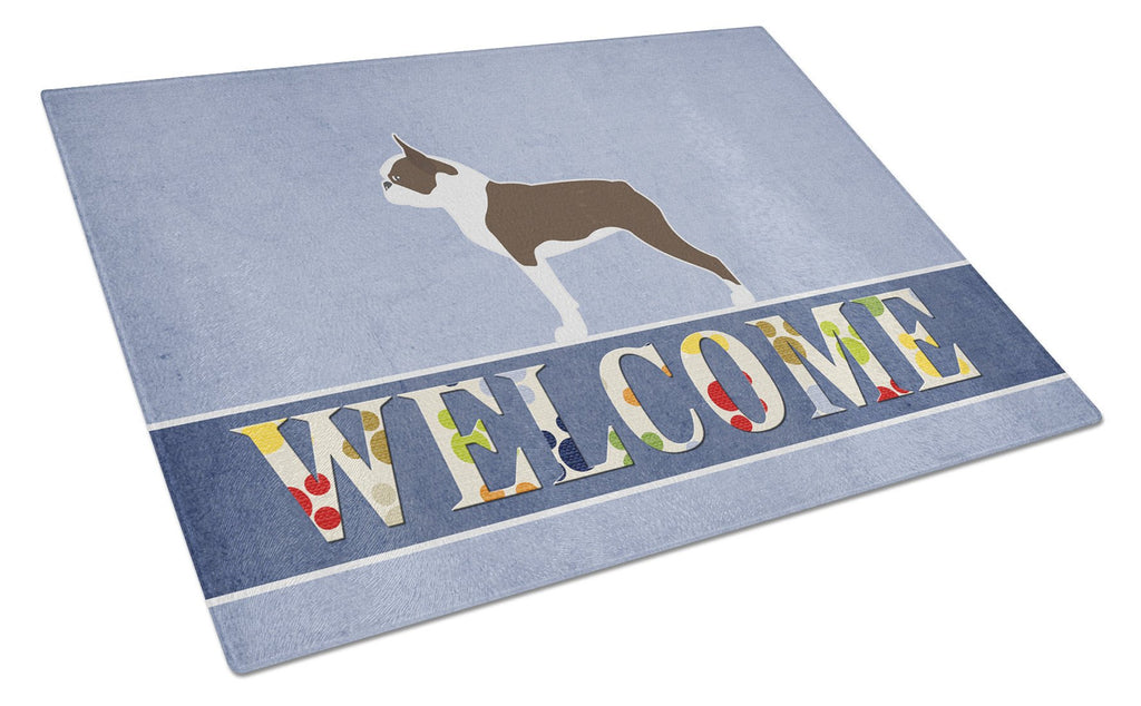 Boston Terrier Welcome Cutting Board Tempered Glass Kitchen Cutting Surface, Heat Resistant Chopping, Non-Slip Feet, Food Prep & Serving