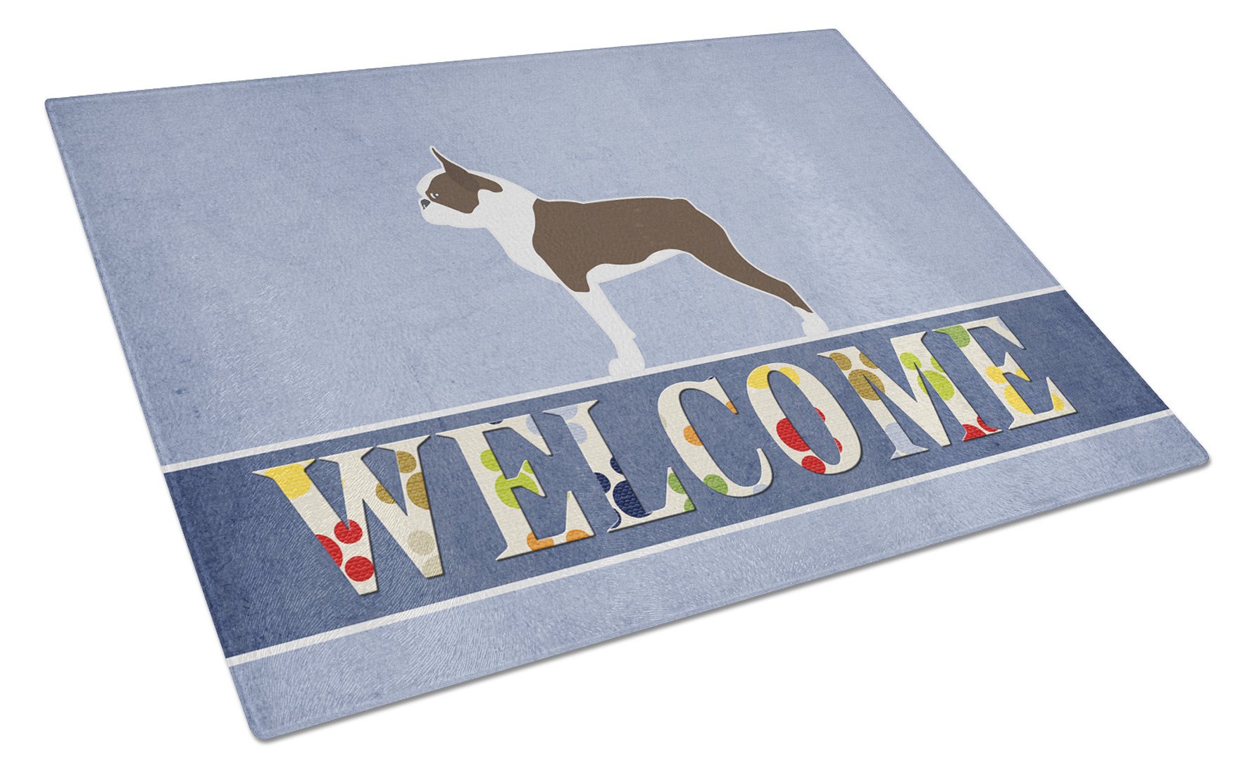 Boston Terrier Welcome Cutting Board Tempered Glass Kitchen Cutting Surface, Heat Resistant Chopping, Non-Slip Feet, Food Prep & Serving