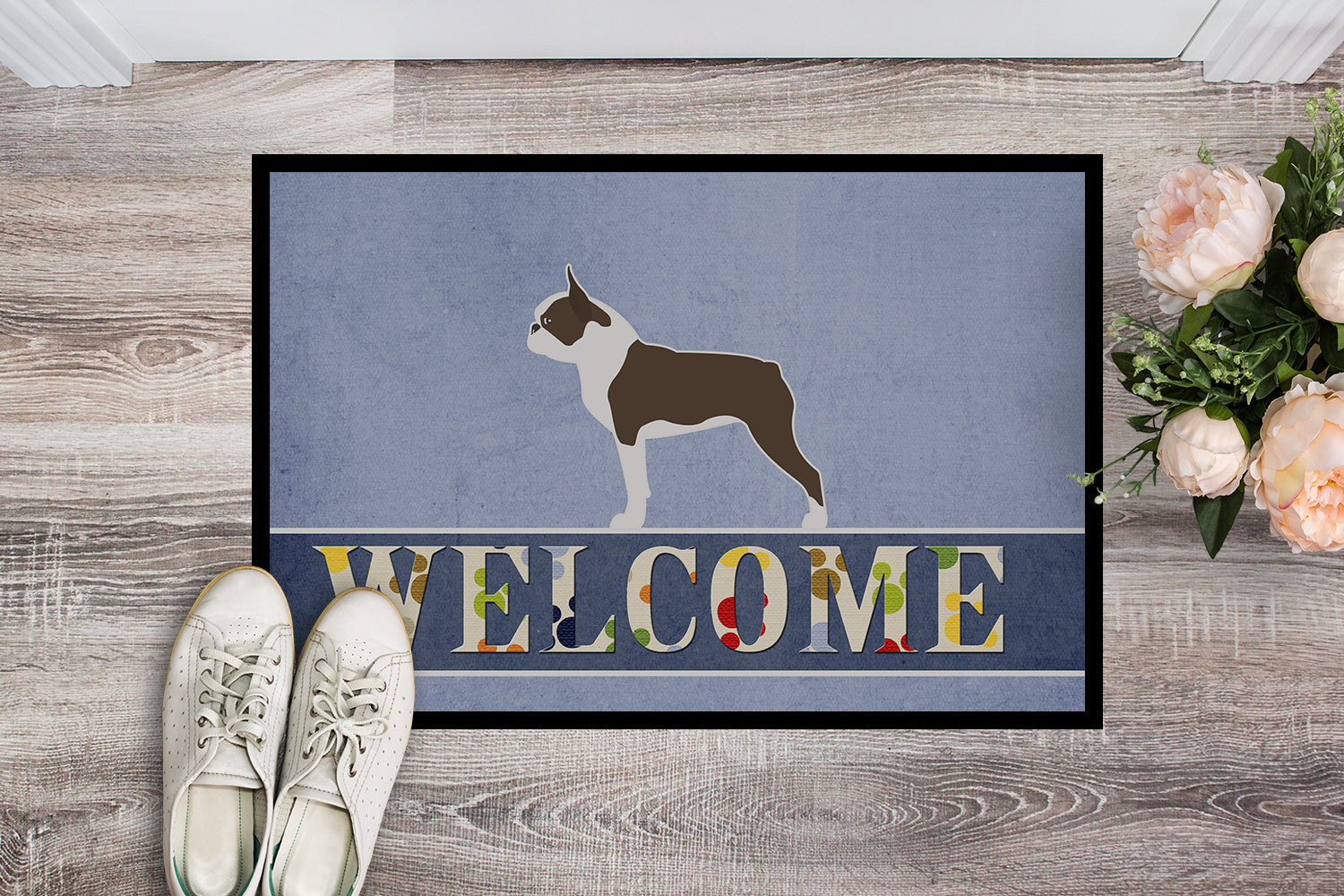 Boston Terrier Welcome Doormat Indoor Outdoor 18H X 27W Front Door Mat Rugs for Entryway, Non Slip Washable