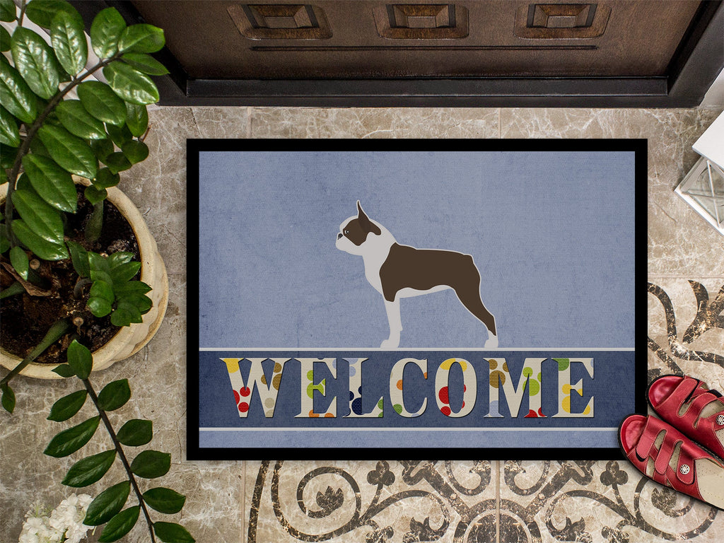 Boston Terrier Welcome Doormat Indoor Outdoor 18H X 27W Front Door Mat Rugs for Entryway, Non Slip Washable