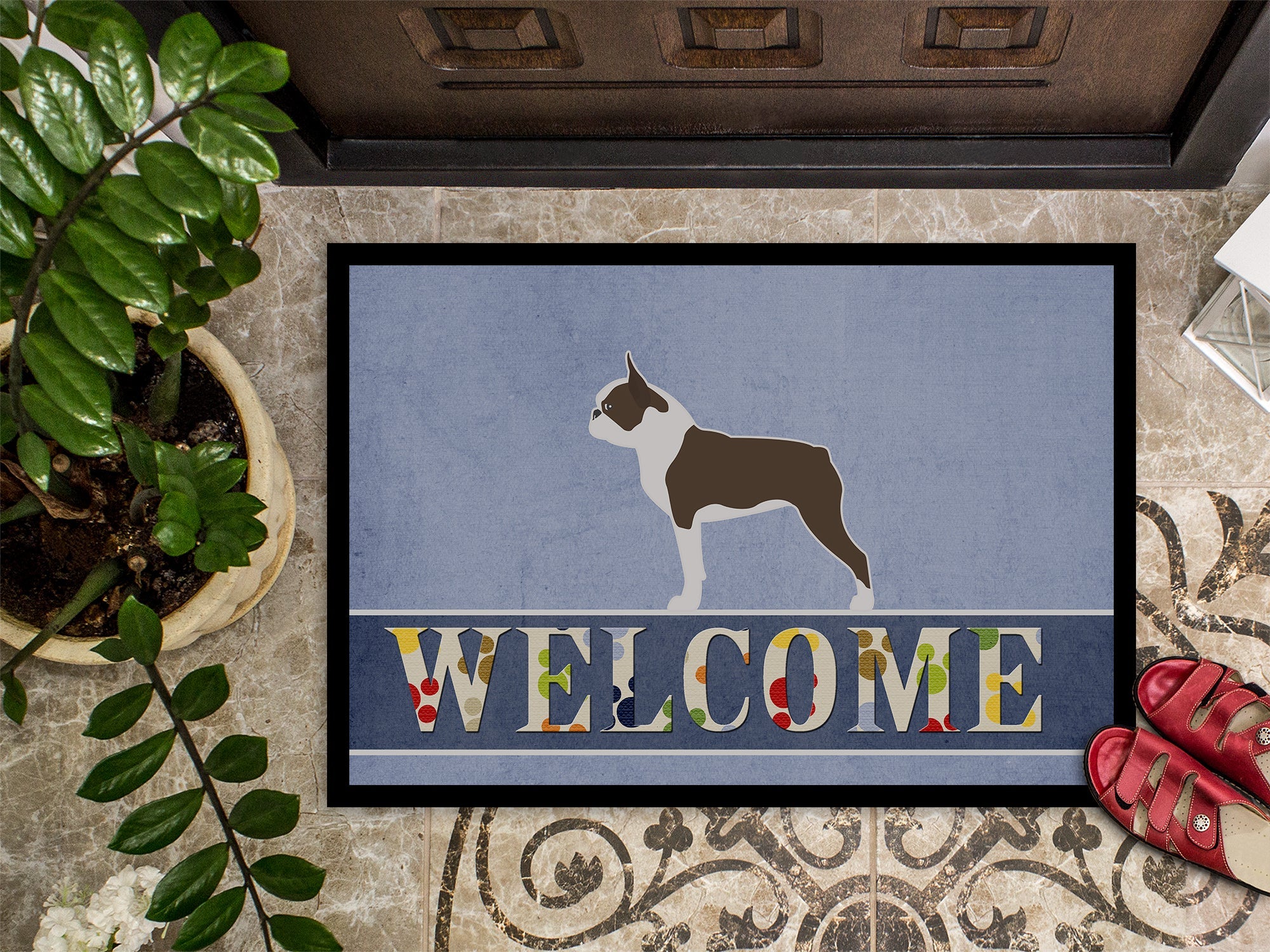 Boston Terrier Welcome Doormat Indoor Outdoor 18H X 27W Front Door Mat Rugs for Entryway, Non Slip Washable