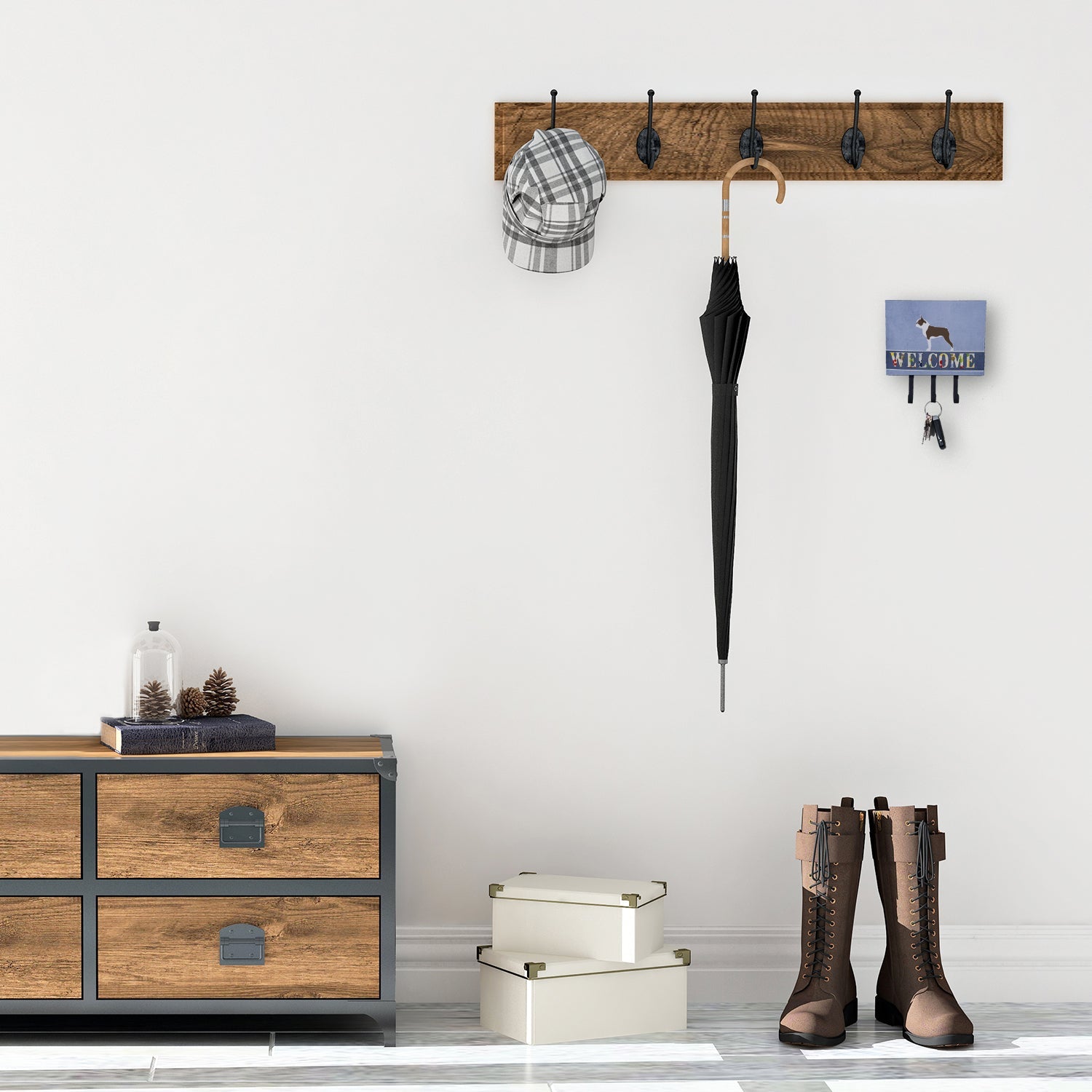 Boston Terrier Welcome Leash or Key Holder Wall Hooks, Coat Rack Wall Mount, for Hanging Keys, Towels, Aprons, Leashes