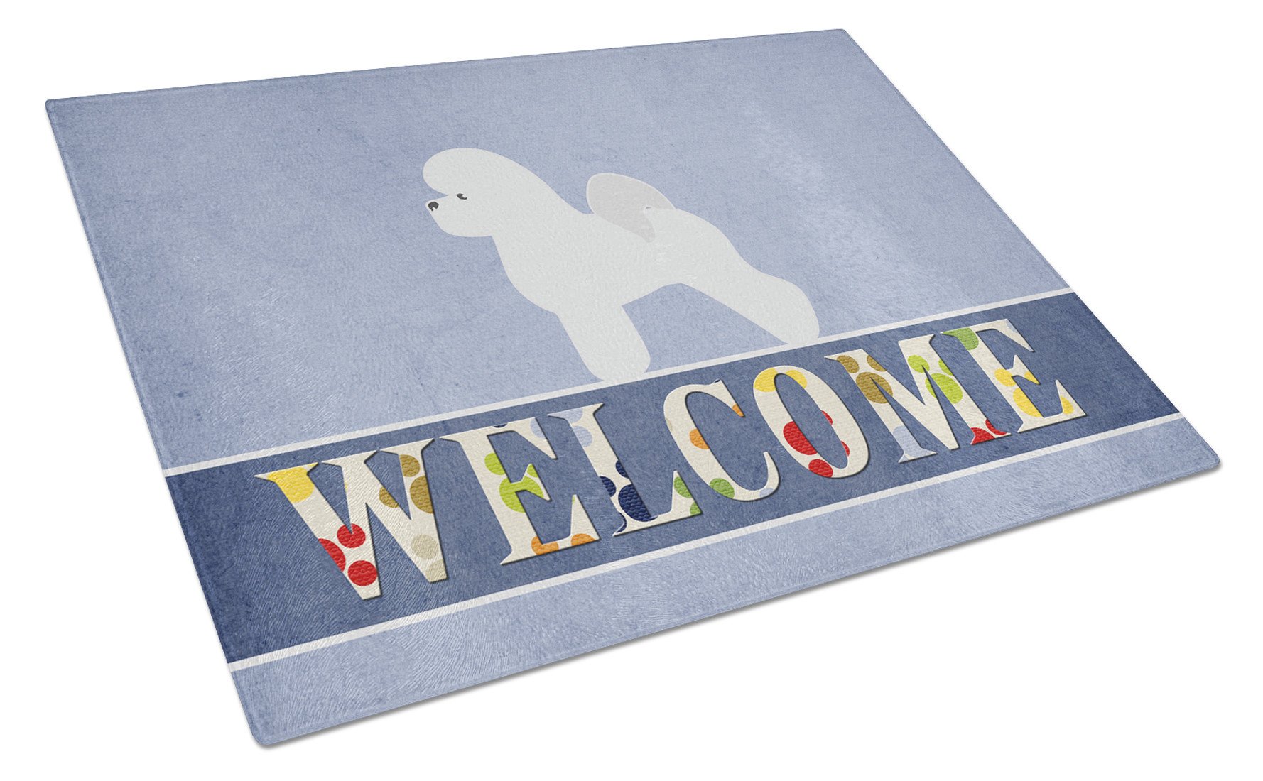 Bichon Frise Welcome Cutting Board Tempered Glass Kitchen Cutting Surface, Heat Resistant Chopping, Non-Slip Feet, Food Prep & Serving