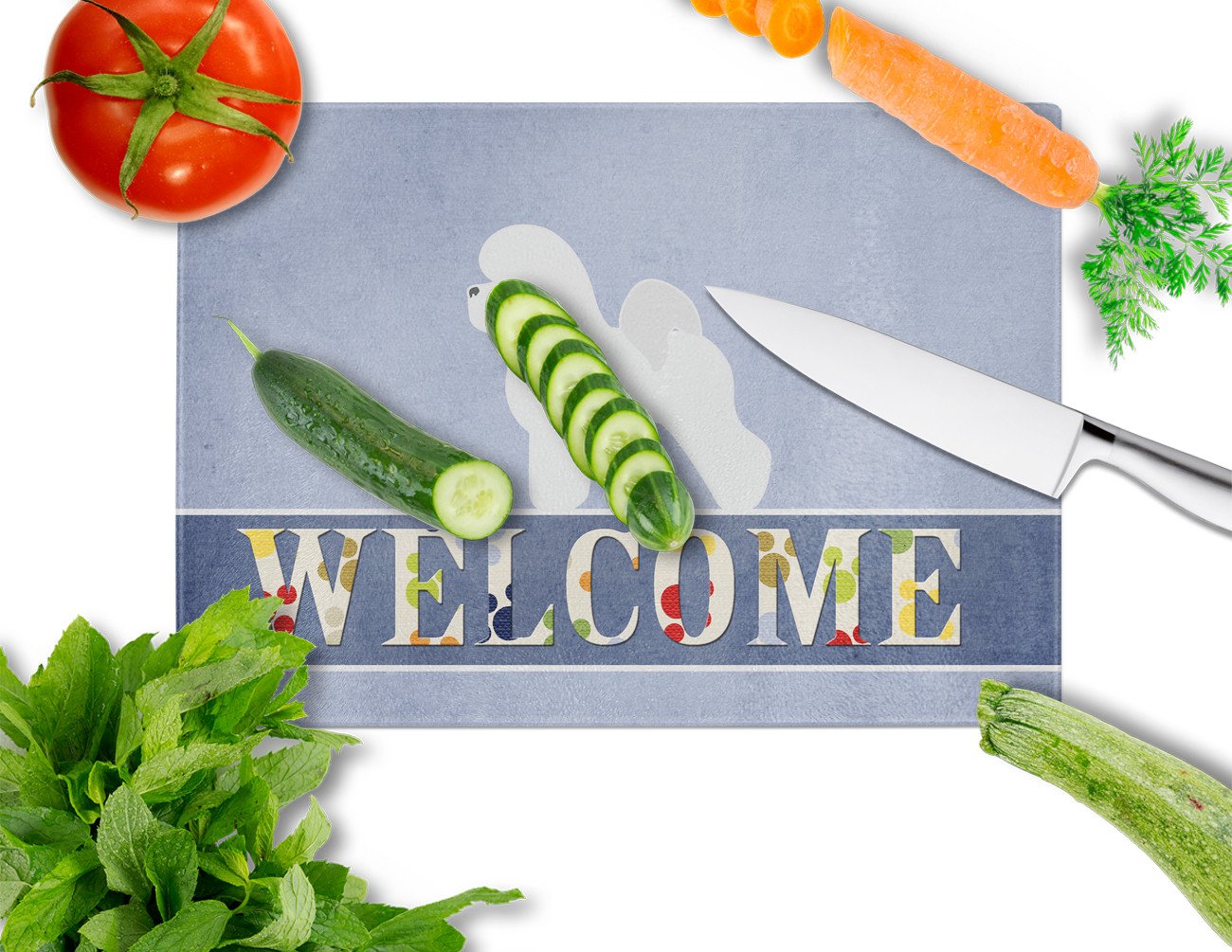 Bichon Frise Welcome Cutting Board Tempered Glass Kitchen Cutting Surface, Heat Resistant Chopping, Non-Slip Feet, Food Prep & Serving