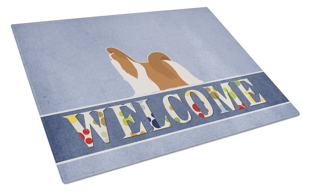 Shih Tzu Welcome Cutting Board Tempered Glass Kitchen Cutting Surface, Heat Resistant Chopping, Non-Slip Feet, Food Prep & Serving