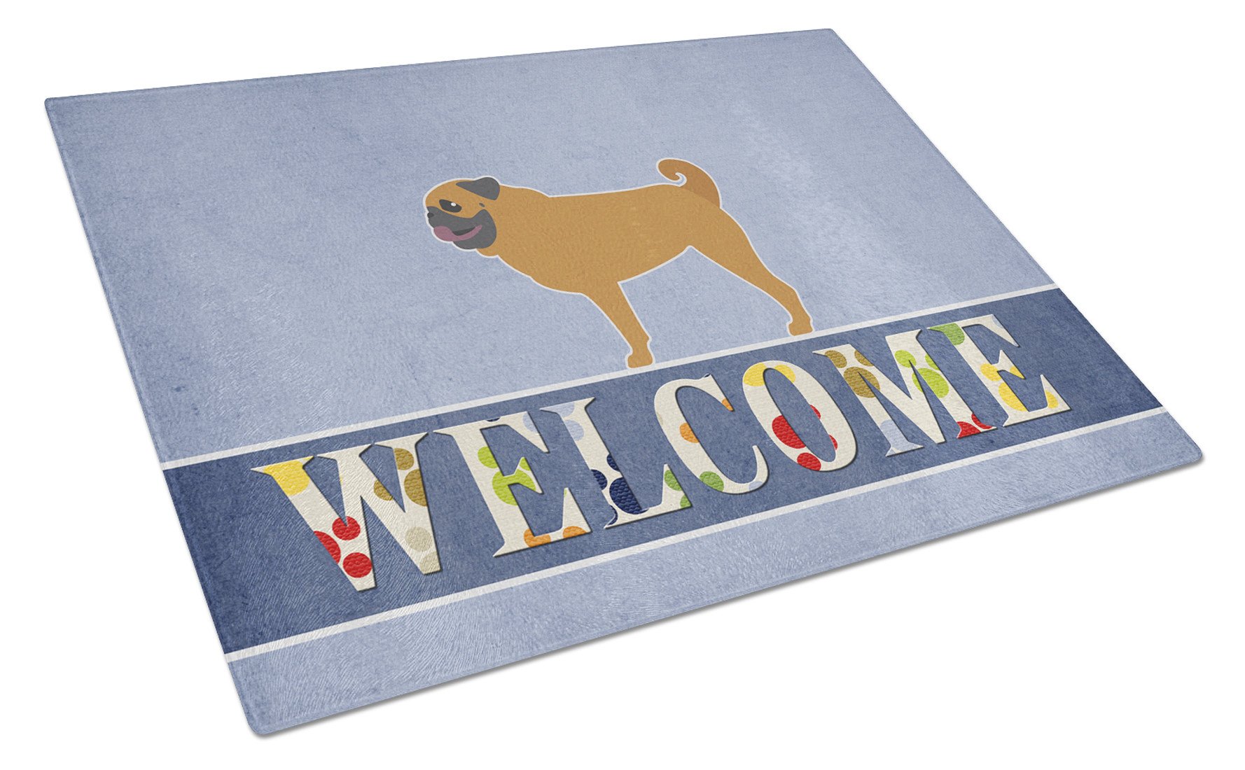 Pug Welcome Cutting Board Tempered Glass Kitchen Cutting Surface, Heat Resistant Chopping, Non-Slip Feet, Food Prep & Serving