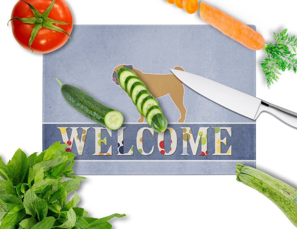 Pug Welcome Cutting Board Tempered Glass Kitchen Cutting Surface, Heat Resistant Chopping, Non-Slip Feet, Food Prep & Serving