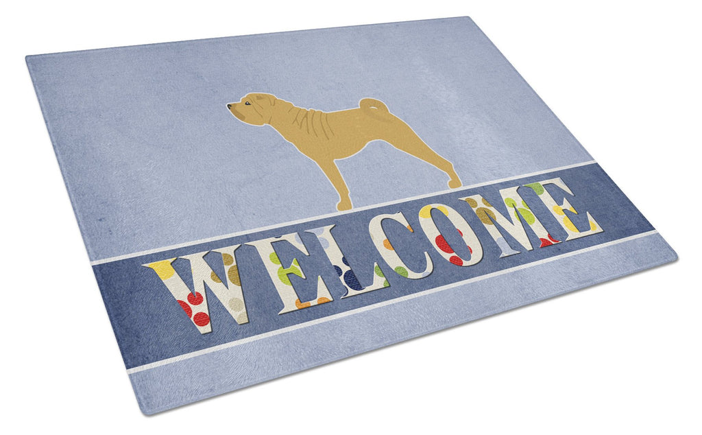 Shar Pei Merry Welcome Cutting Board Tempered Glass Kitchen Cutting Surface, Heat Resistant Chopping, Non-Slip Feet, Food Prep & Serving