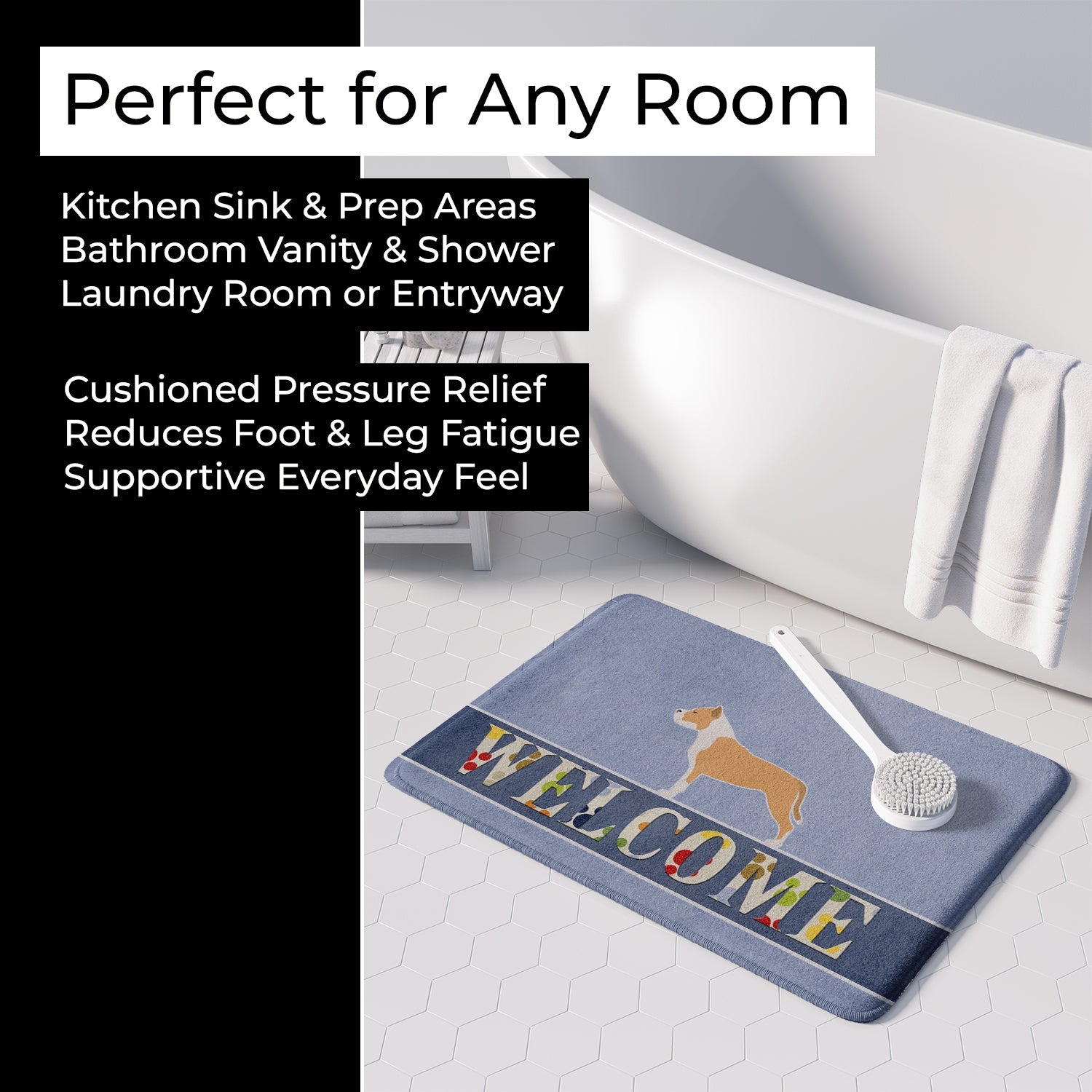 Staffordshire Bull Terrier Welcome Memory Foam Kitchen Mat Machine Washable Anti-Fatigue Cushion Comfort Bath or Kitchen Rug