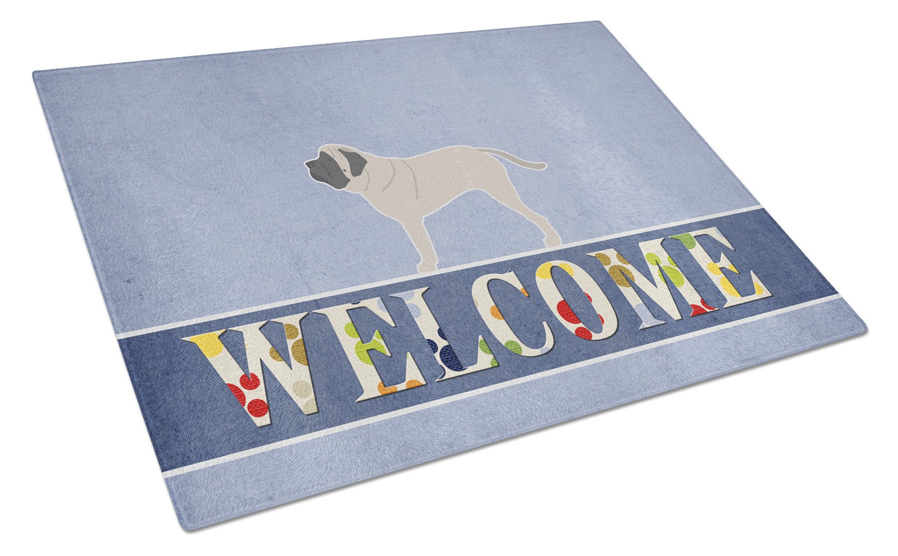 English Mastiff Welcome Cutting Board Tempered Glass Kitchen Cutting Surface, Heat Resistant Chopping, Non-Slip Feet, Food Prep & Serving