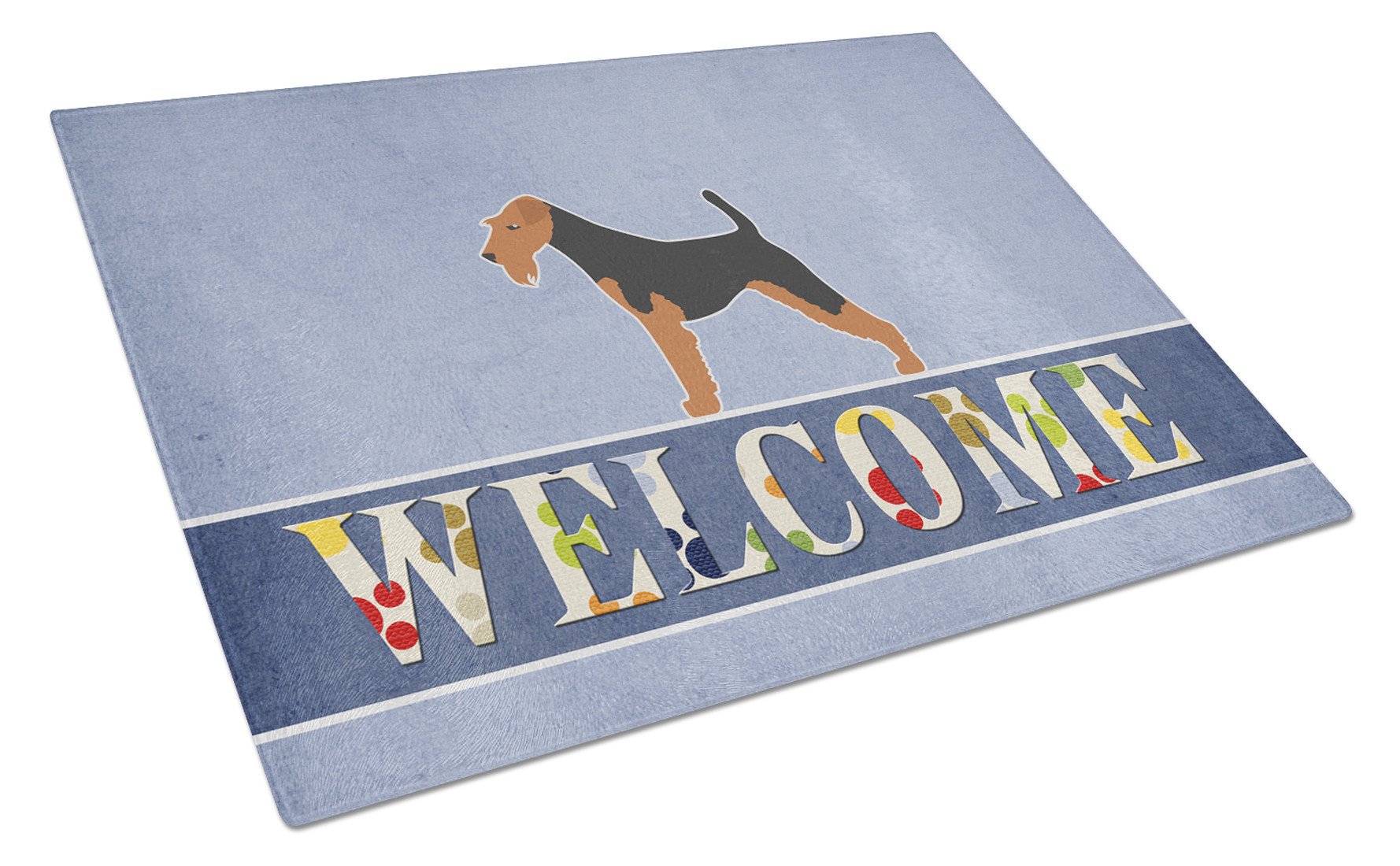 Airedale Terrier Welcome Cutting Board Tempered Glass Kitchen Cutting Surface, Heat Resistant Chopping, Non-Slip Feet, Food Prep & Serving