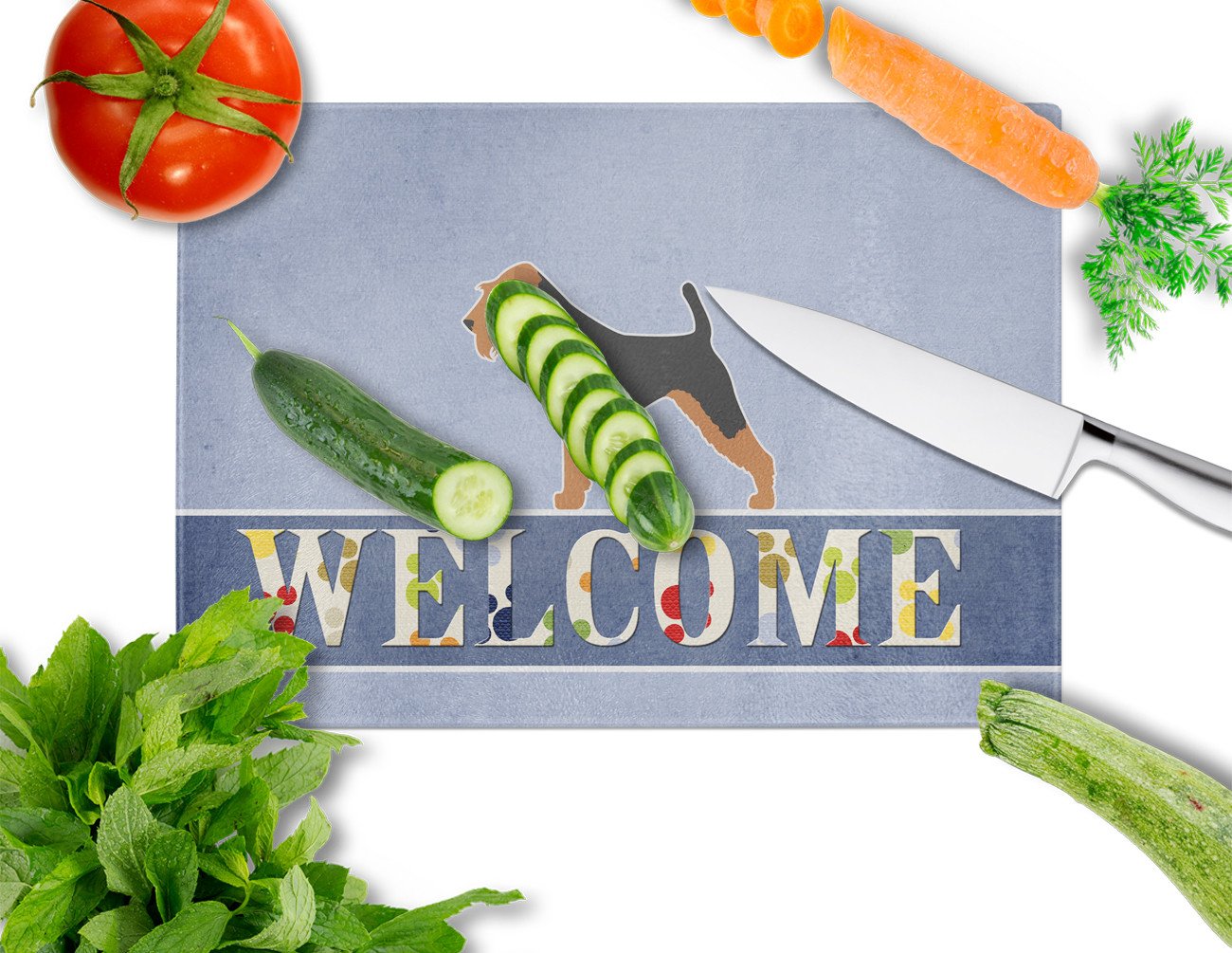 Airedale Terrier Welcome Cutting Board Tempered Glass Kitchen Cutting Surface, Heat Resistant Chopping, Non-Slip Feet, Food Prep & Serving