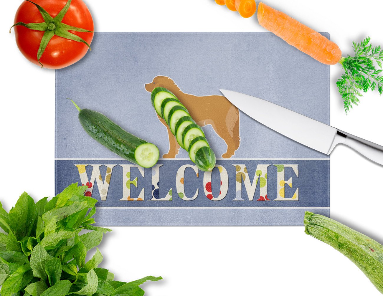 Leonberger Welcome Cutting Board Tempered Glass Kitchen Cutting Surface, Heat Resistant Chopping, Non-Slip Feet, Food Prep & Serving