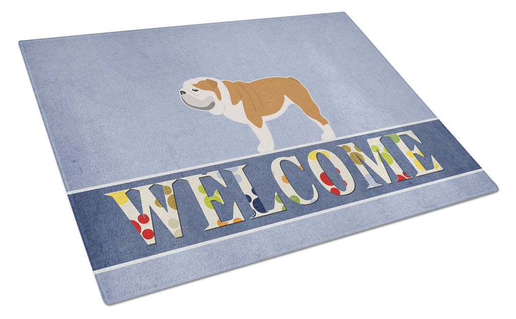 English Bulldog Welcome Cutting Board Tempered Glass Kitchen Cutting Surface, Heat Resistant Chopping, Non-Slip Feet, Food Prep & Serving