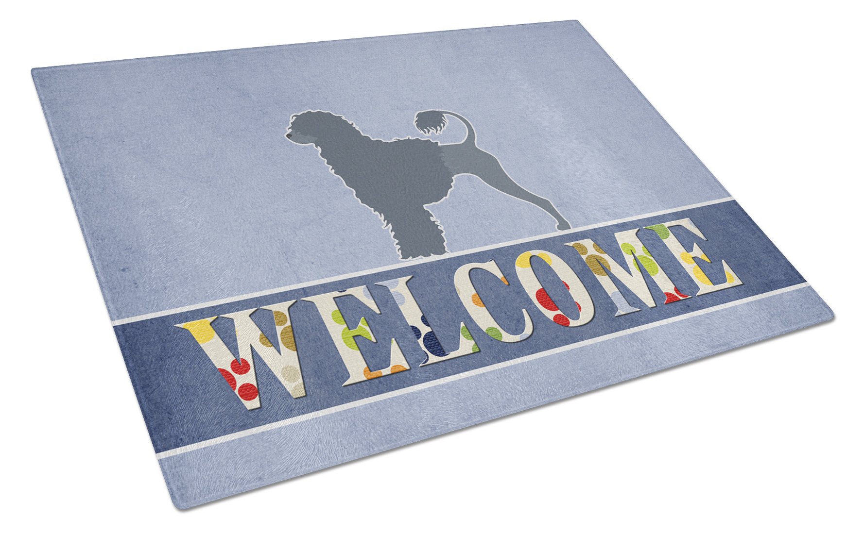 Portuguese Water Dog Welcome Cutting Board Tempered Glass Kitchen Cutting Surface, Heat Resistant Chopping, Non-Slip Feet, Food Prep & Serving