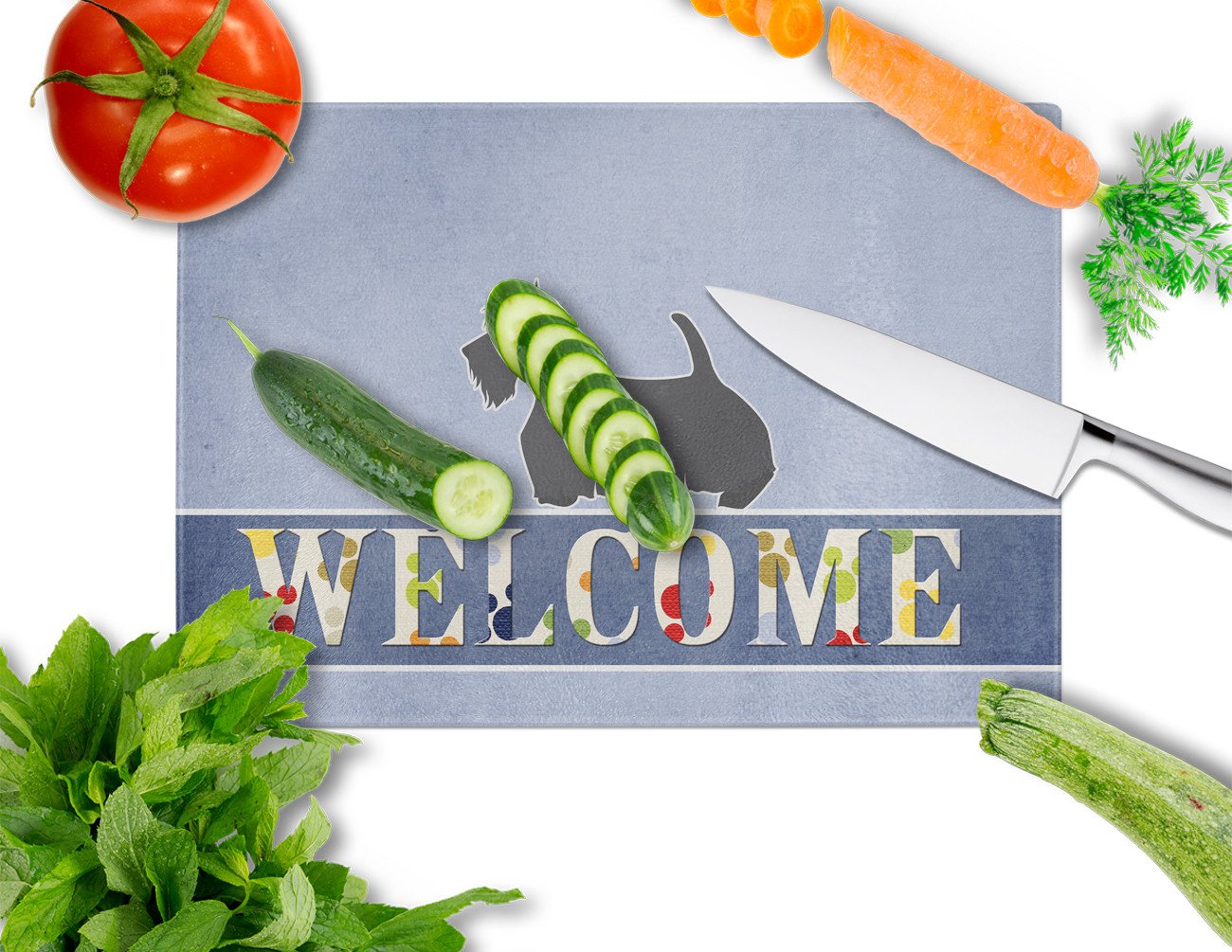 Scottish Terrier Welcome Cutting Board Tempered Glass Kitchen Cutting Surface, Heat Resistant Chopping, Non-Slip Feet, Food Prep & Serving