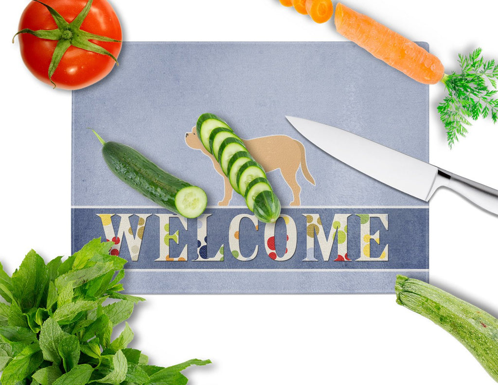 Dogue de Bordeaux Welcome Cutting Board Tempered Glass Kitchen Cutting Surface, Heat Resistant Chopping, Non-Slip Feet, Food Prep & Serving
