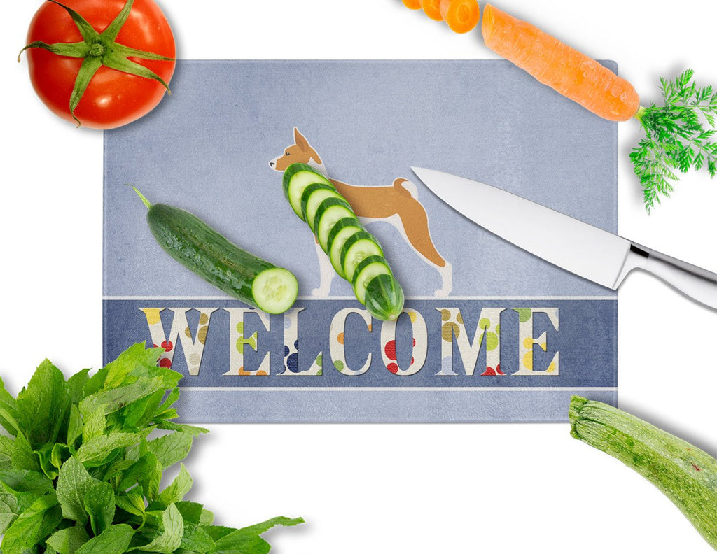 Basenji Welcome Cutting Board Tempered Glass Kitchen Cutting Surface, Heat Resistant Chopping, Non-Slip Feet, Food Prep & Serving