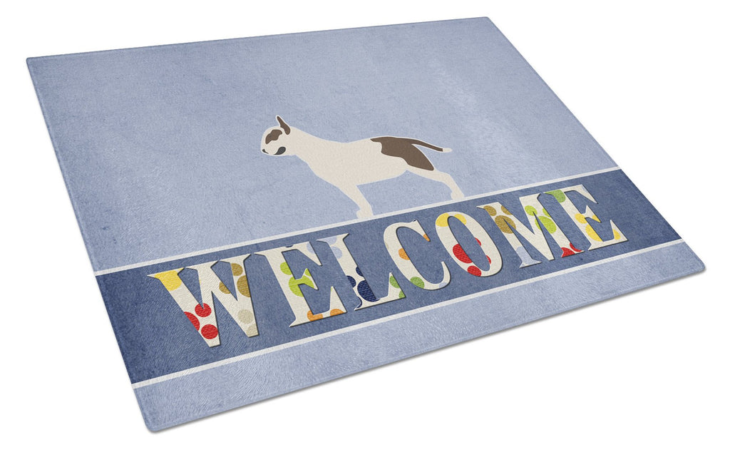 Bull Terrier Welcome Cutting Board Tempered Glass Kitchen Cutting Surface, Heat Resistant Chopping, Non-Slip Feet, Food Prep & Serving