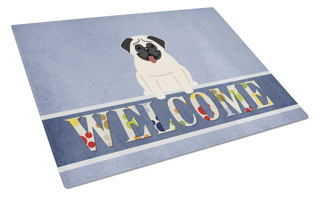 Pug Cream Welcome Cutting Board Tempered Glass Kitchen Cutting Surface, Heat Resistant Chopping, Non-Slip Feet, Food Prep & Serving