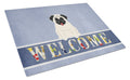 Pug Cream Welcome Cutting Board Tempered Glass Kitchen Cutting Surface, Heat Resistant Chopping, Non-Slip Feet, Food Prep & Serving
