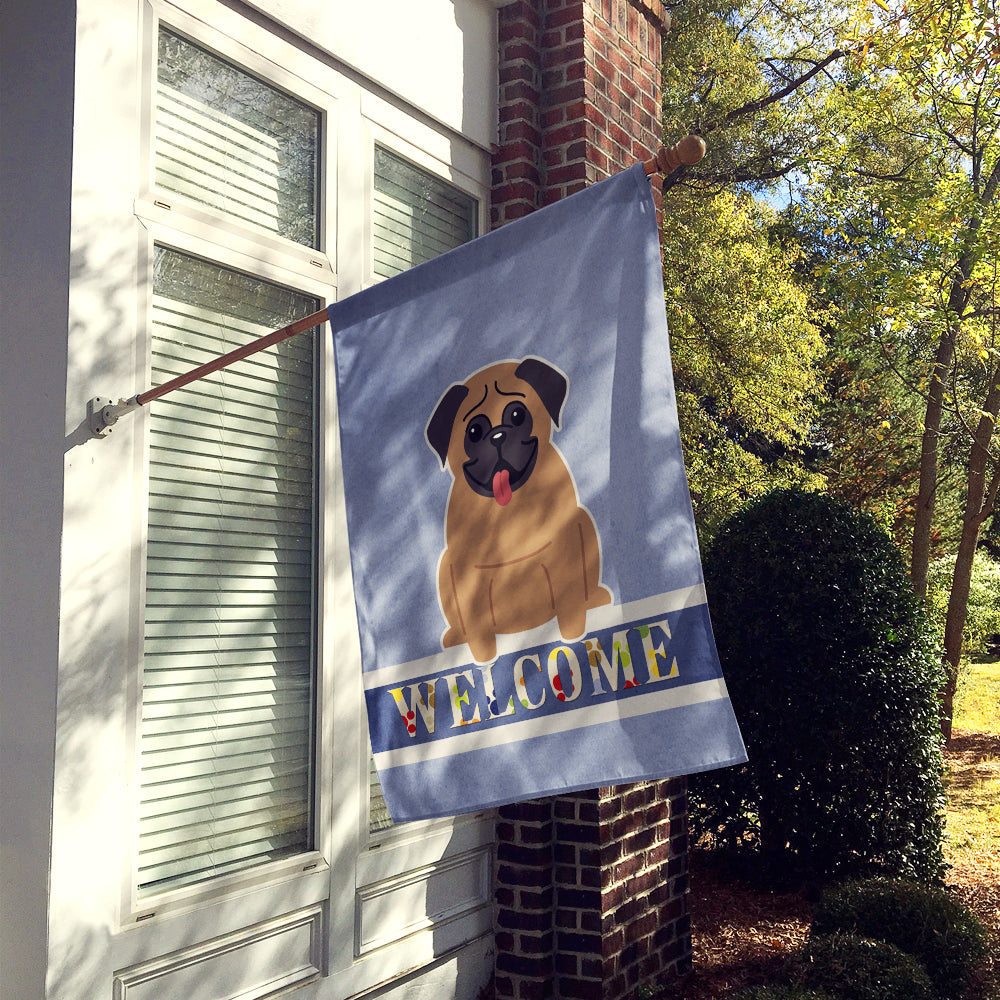 Pug Brown Welcome House Flag 28x40 Porch Sleeve Pole Decorative Outside Yard Banner Artwork Wall Hanging, Polyester