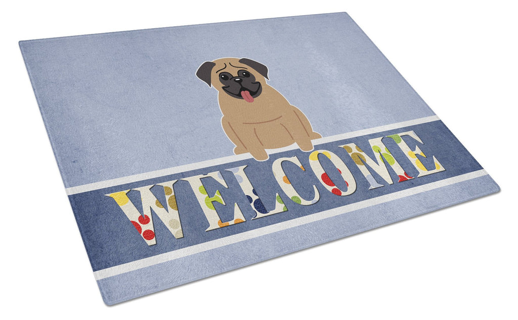 Pug Brown Welcome Cutting Board Tempered Glass Kitchen Cutting Surface, Heat Resistant Chopping, Non-Slip Feet, Food Prep & Serving