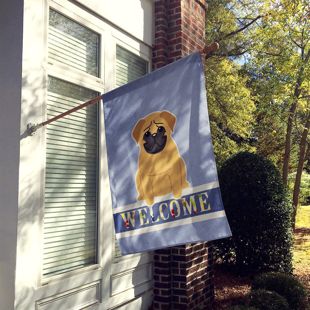 Pug Brown Welcome House Flag 28x40 Porch Sleeve Pole Decorative Outside Yard Banner Artwork Wall Hanging, Polyester