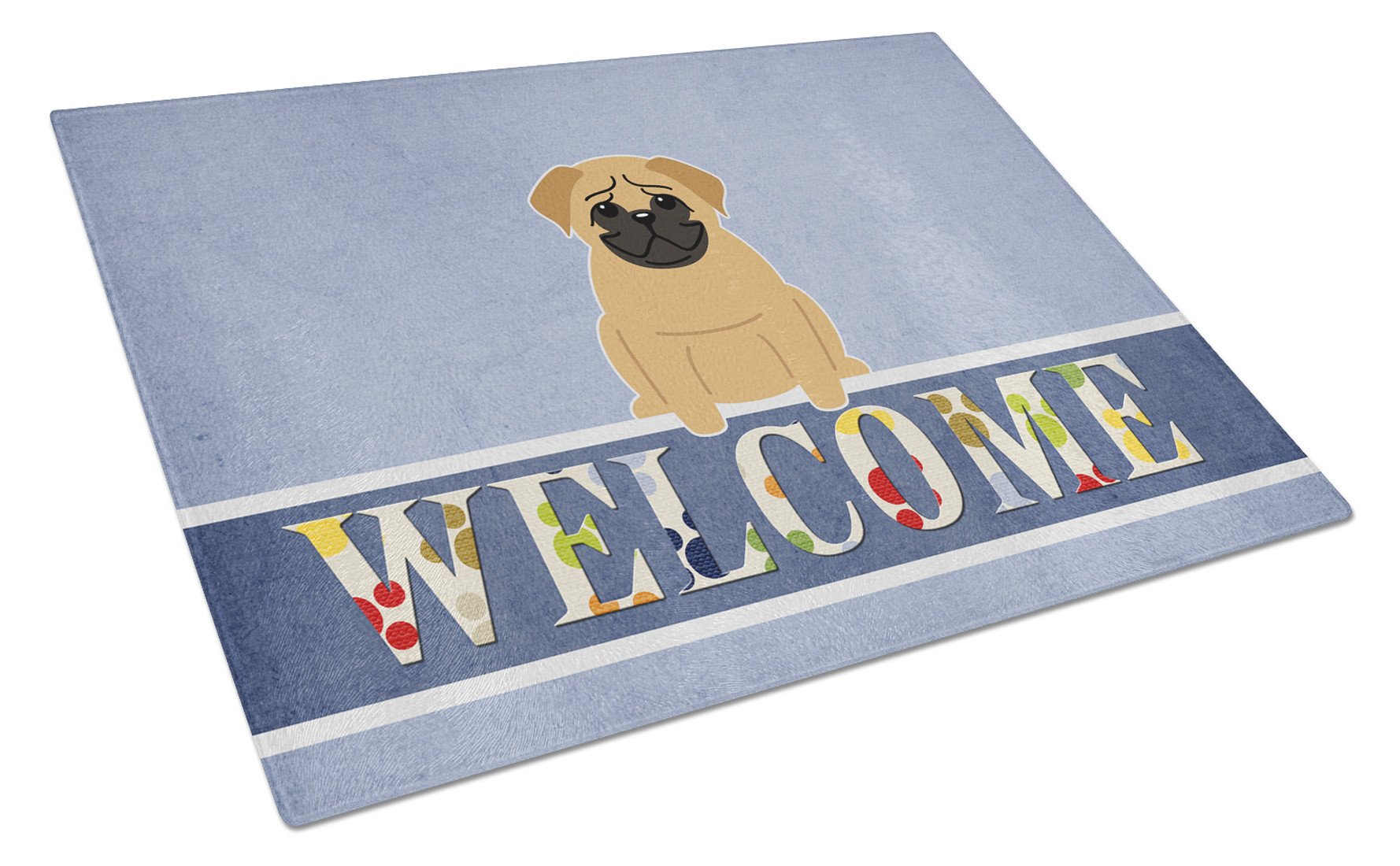 Pug Brown Welcome Cutting Board Tempered Glass Kitchen Cutting Surface, Heat Resistant Chopping, Non-Slip Feet, Food Prep & Serving
