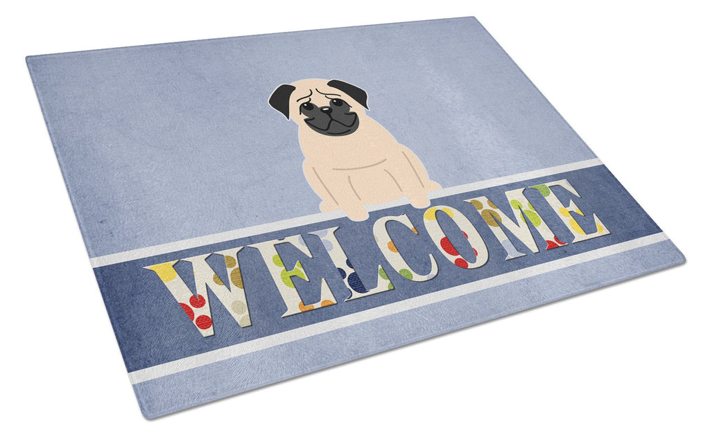 Pug Fawn Welcome Cutting Board Tempered Glass Kitchen Cutting Surface, Heat Resistant Chopping, Non-Slip Feet, Food Prep & Serving