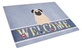 Pug Fawn Welcome Cutting Board Tempered Glass Kitchen Cutting Surface, Heat Resistant Chopping, Non-Slip Feet, Food Prep & Serving